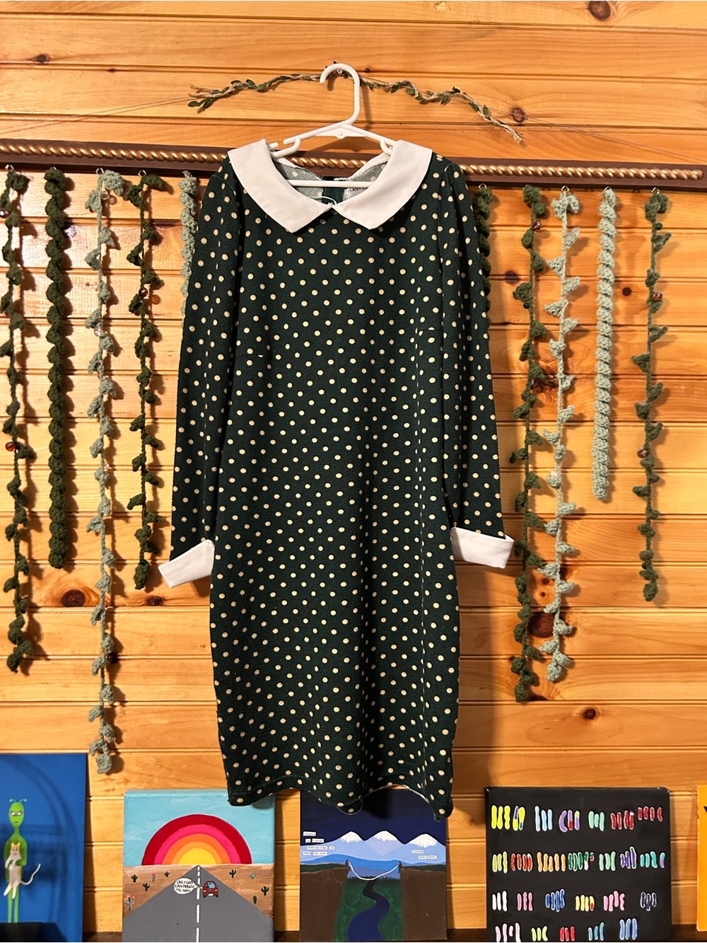 Polka Dot Peter Pan Collar Dress - Dark Green